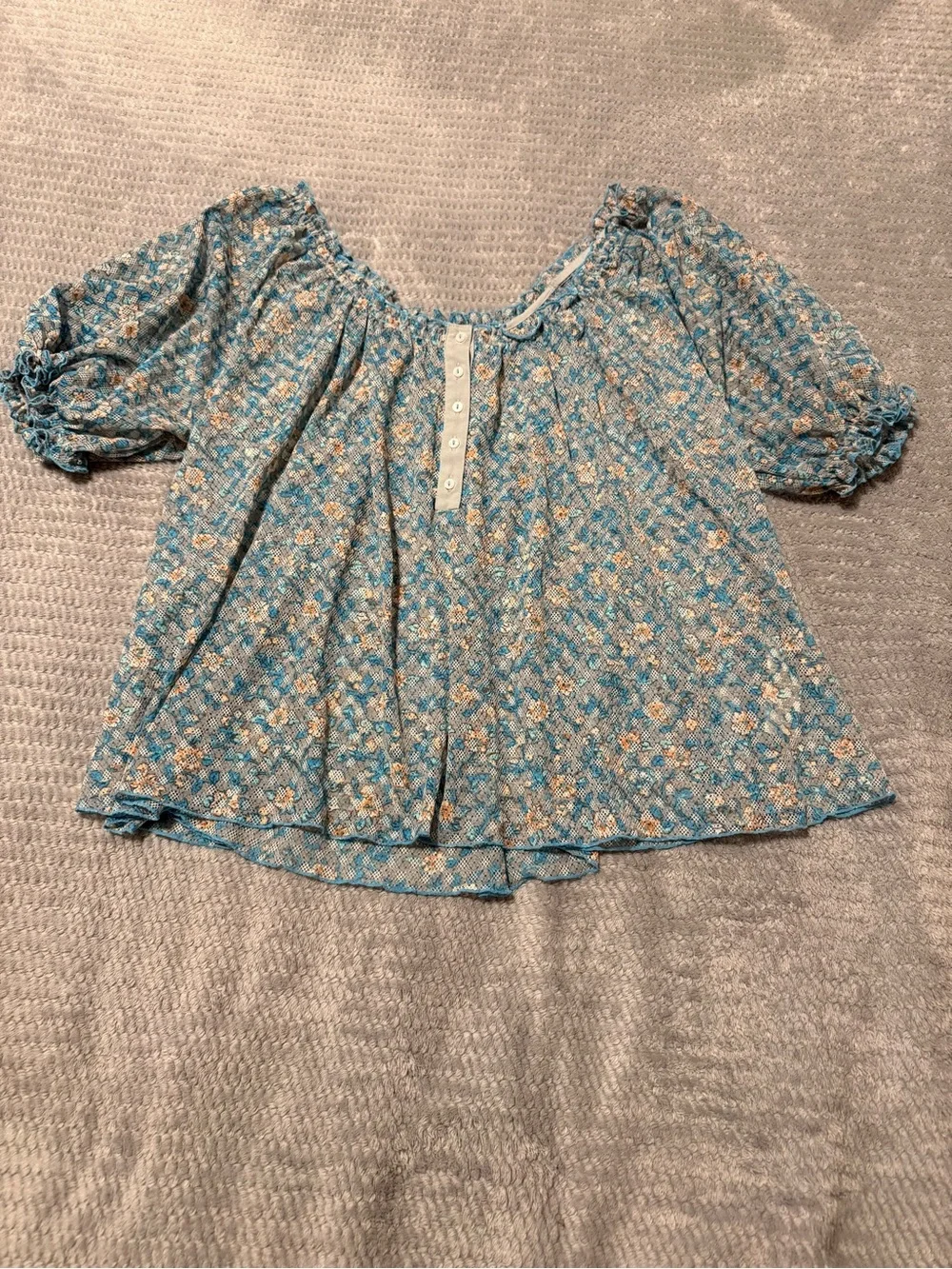 Free People Astra Floral Puff-Sleeve Peasant Top in Light Blue